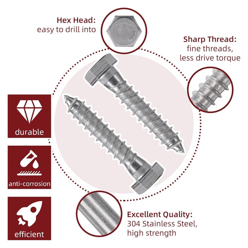 AiVeUao 50 Pack 304 Stainless Steel Wood Lag Screw, 3/8" x 2" Hex Head Lag Bolts, Heavy Duty Hex Head Lag Screws, Wood Screws 18-8 - Image 3
